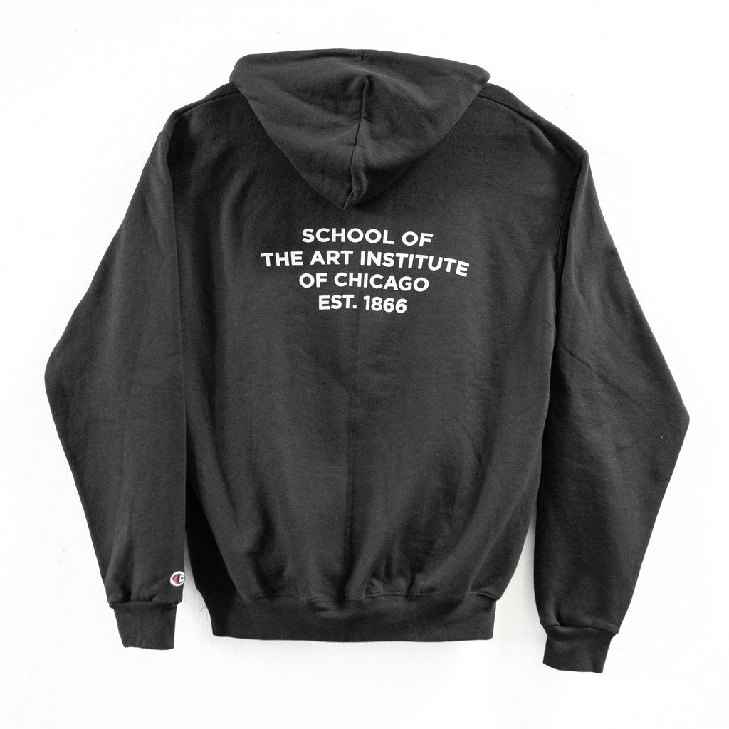 Black hoodie with text on the back on a white background