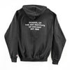 Black hoodie with text on the back on a white background
