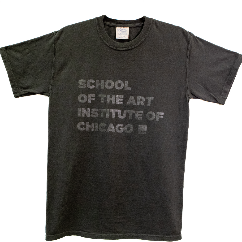 Black t-shirt with 'School of the Art Institute of Chicago' text on a white background