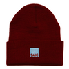 Maroon beanie with a small logo on a white background